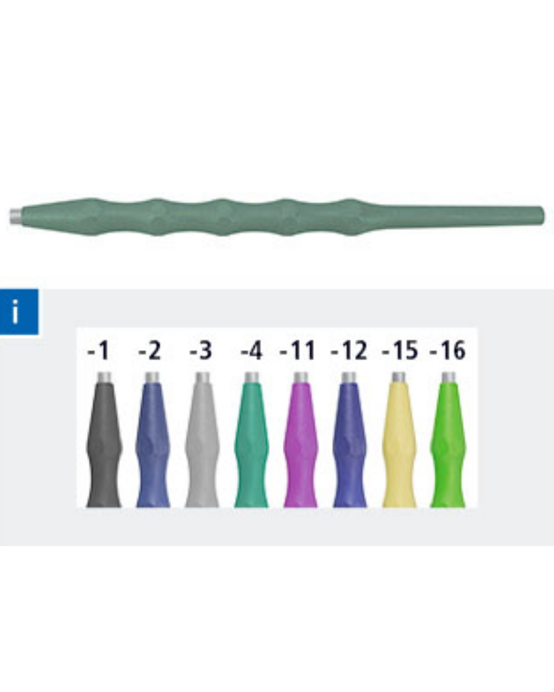 Poignée, plastique, stérilisable pour pointes de sonde remplaçables, miroir buccal, asymétrique, vert 12,5cm M2,5-0